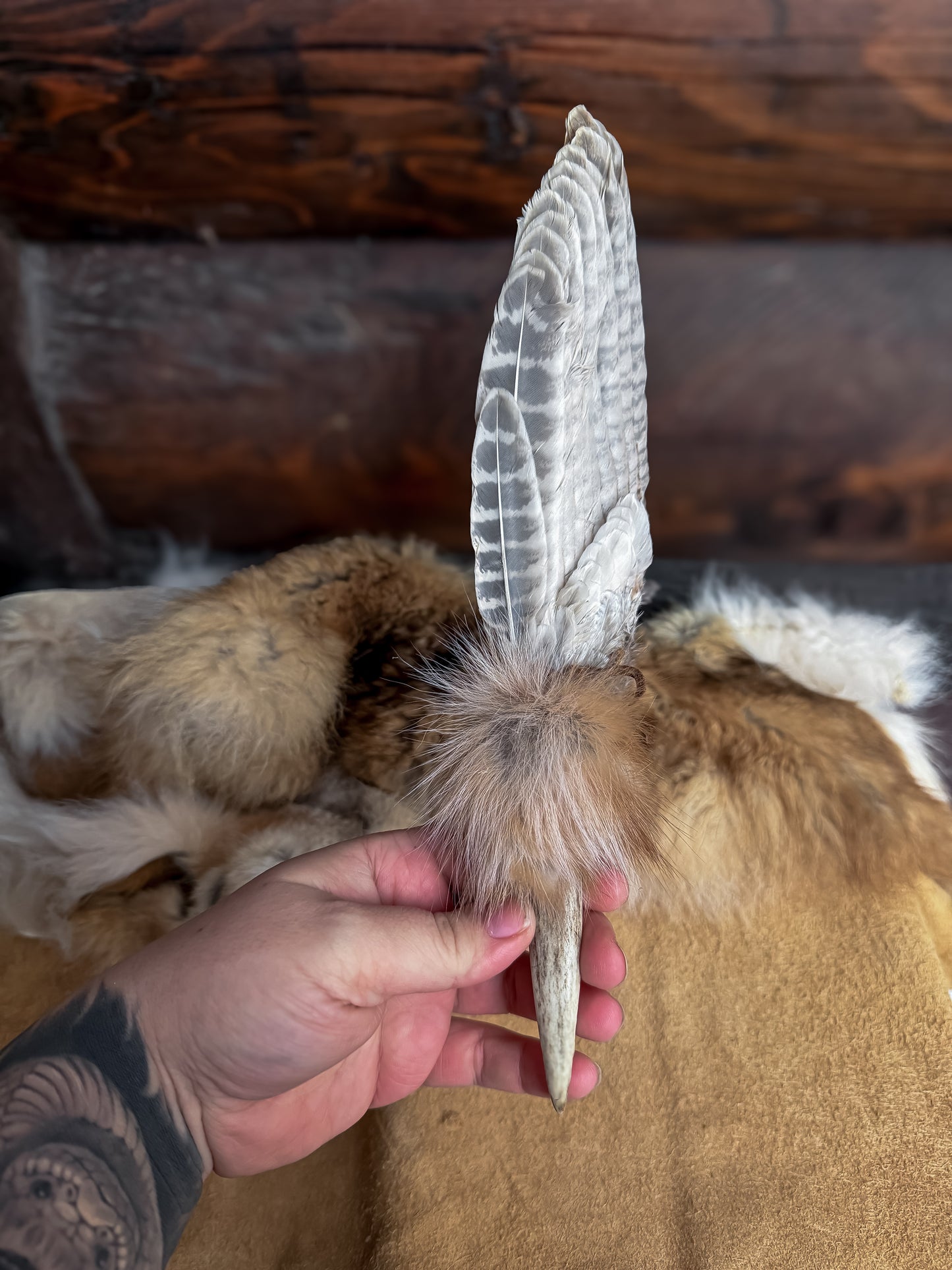 Pheasant Wing Prayer Fan with Fox