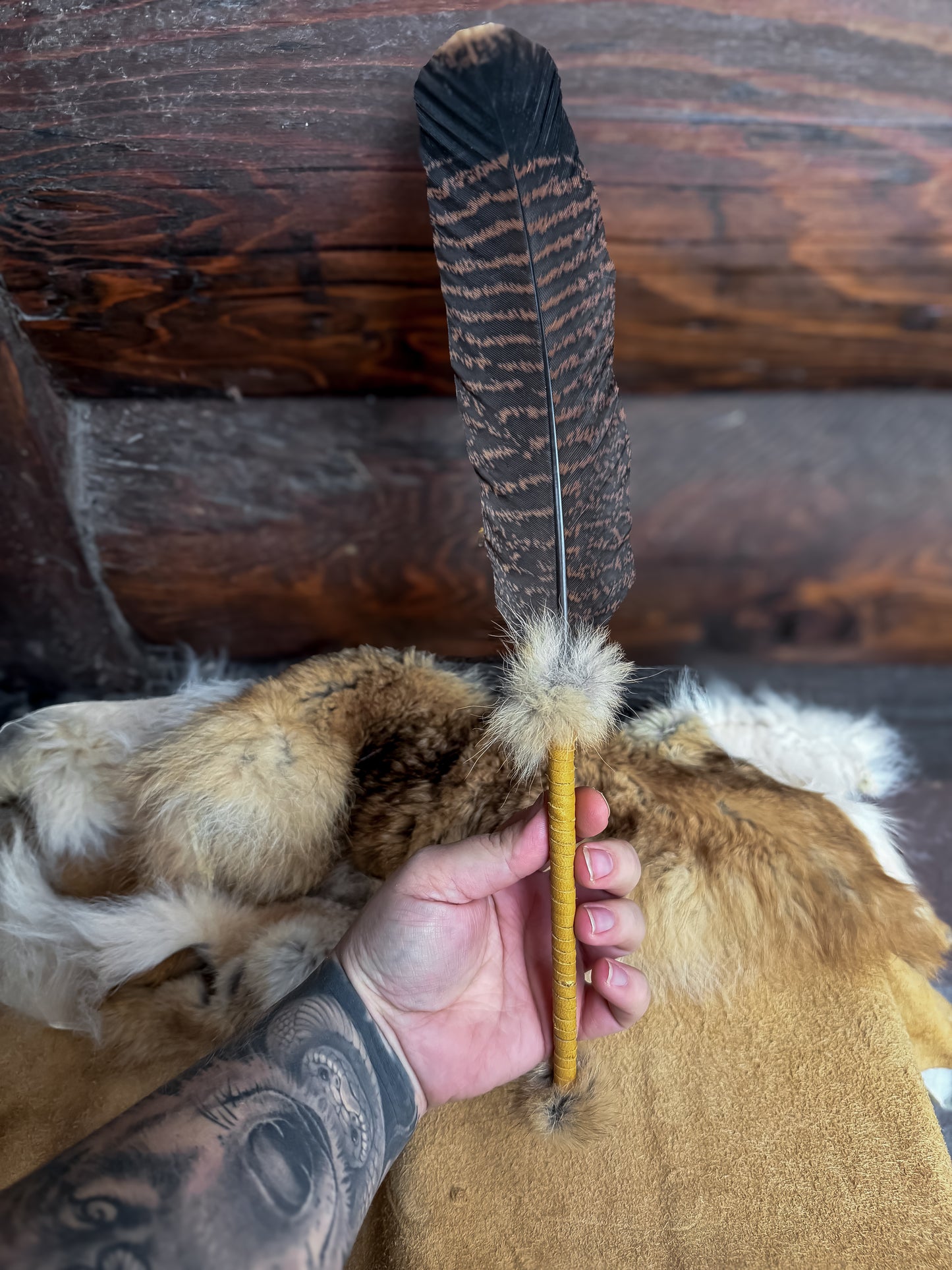 Single Feather Fan: Turkey, Coyote, Buckskin