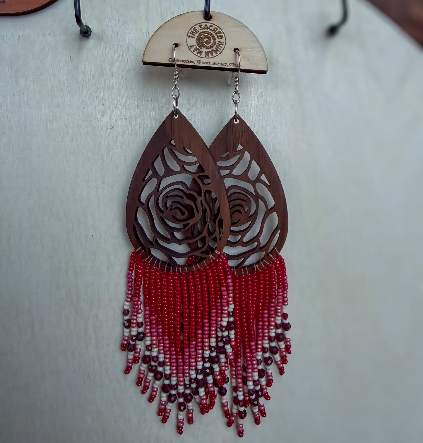 Feminine Rose Wood Fringe Earrings- CLEARANCE