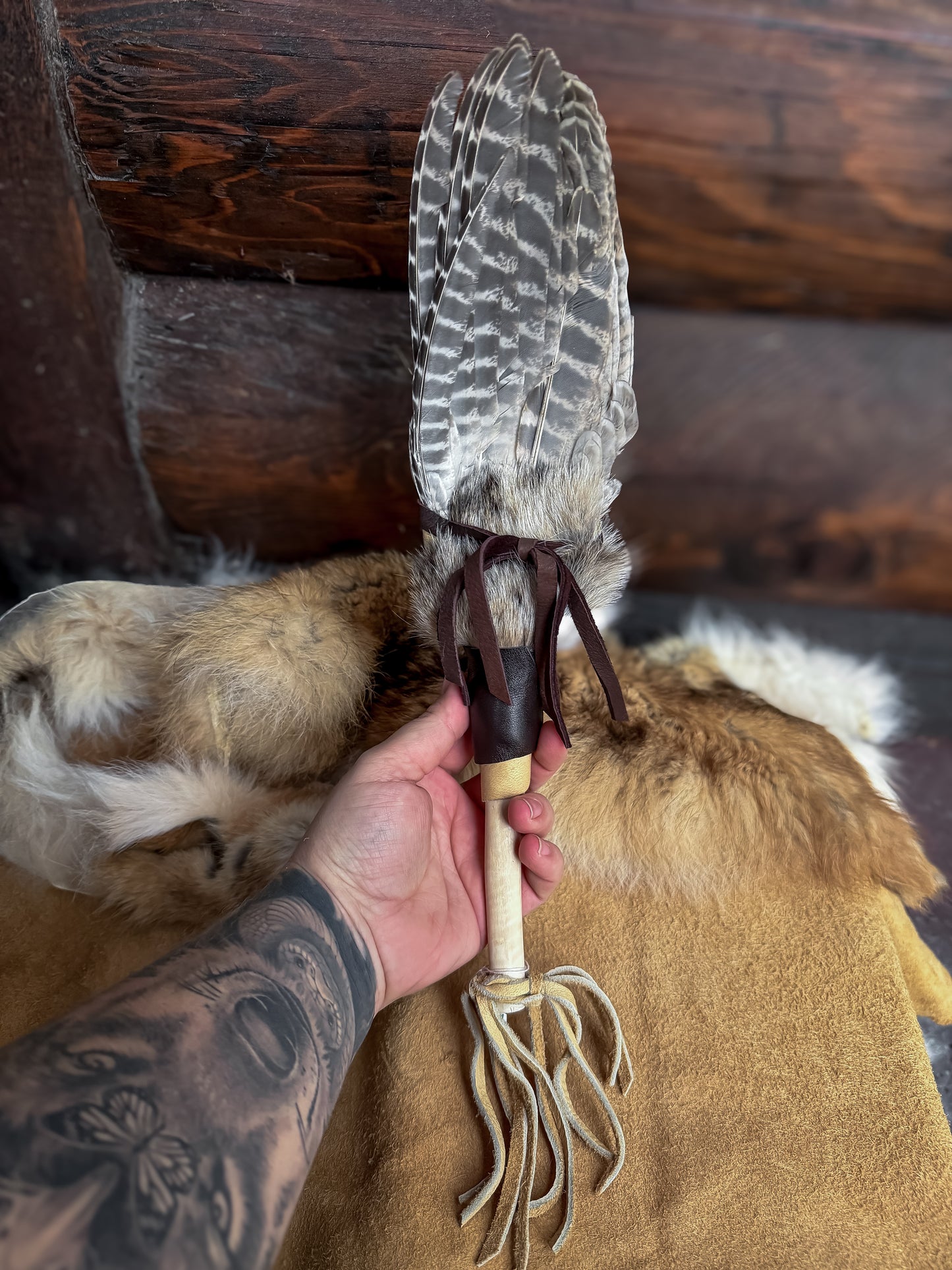 Pheasant Wing Prayer Fan with Bobcat