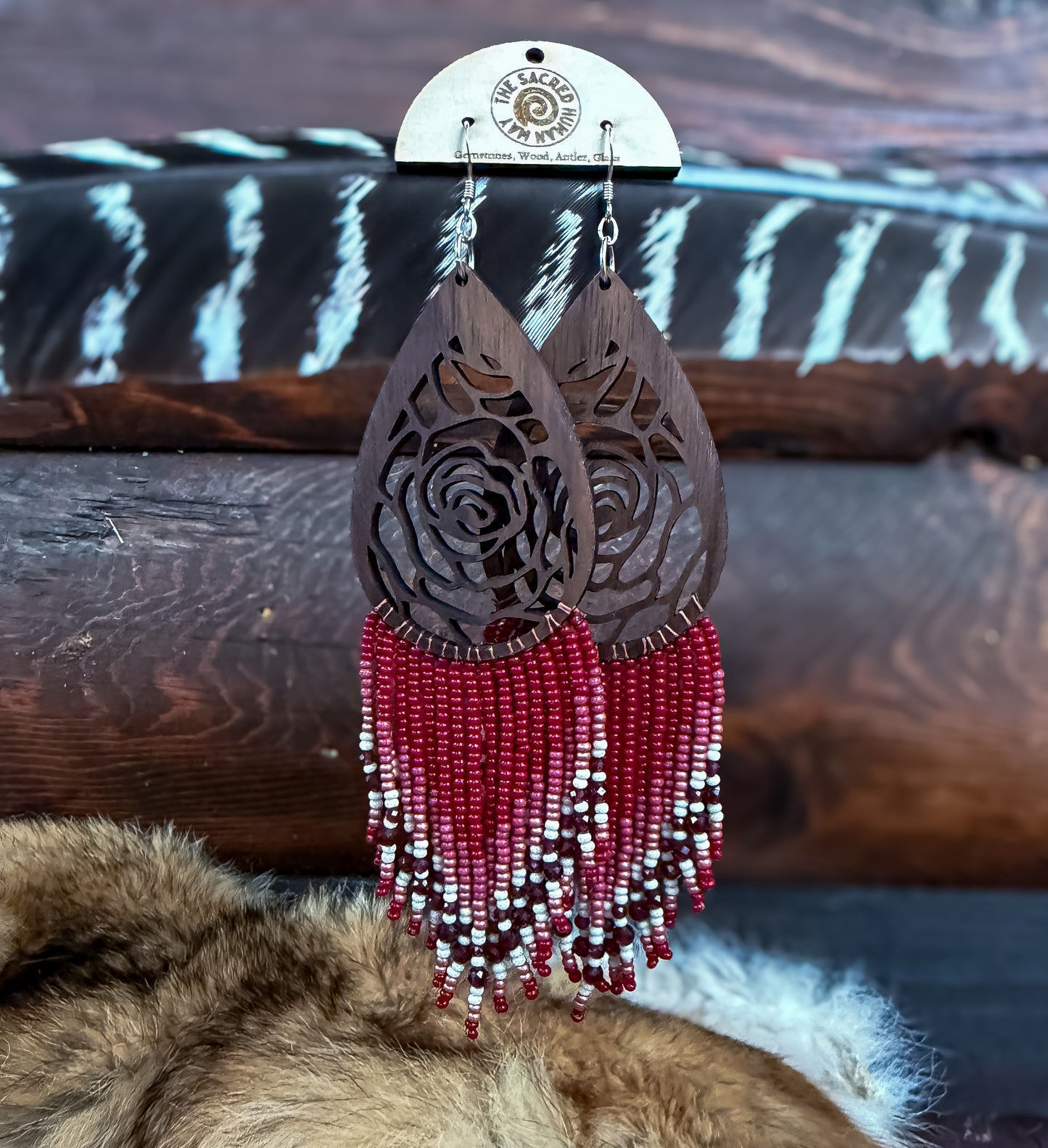 Feminine Rose Wood Fringe Earrings- CLEARANCE