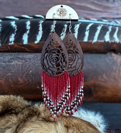 Feminine Rose Wood Fringe Earrings- CLEARANCE