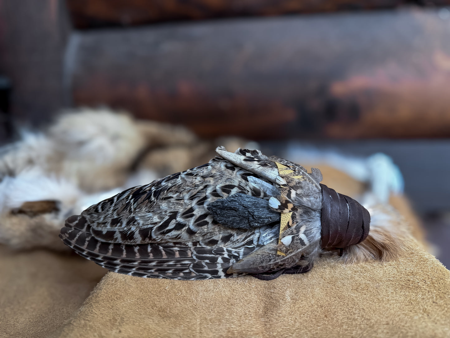 Large Pheasant Wing Fan with Antler, Fox, and Kyanite
