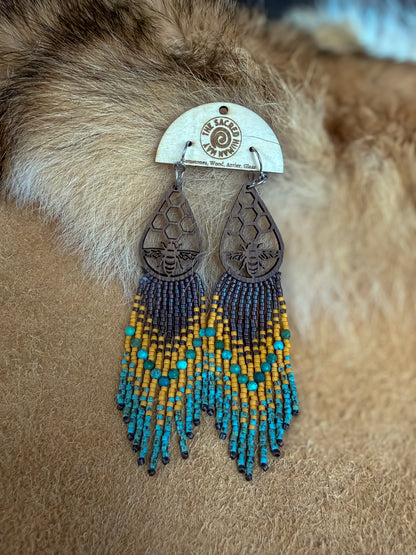 Honeycomb Fringe Earrings: Wood & Turquoise