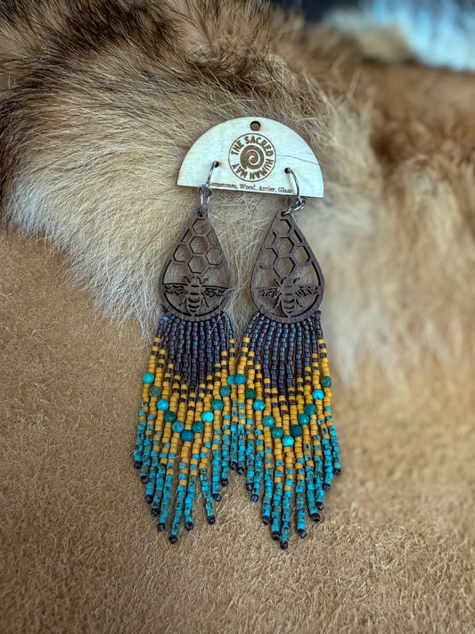Honeycomb Fringe Earrings: Wood & Turquoise