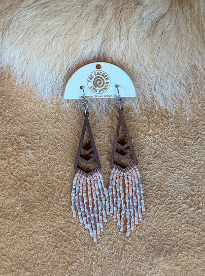 Small Boho Fringe Earrings: Wood & Rose Quartz