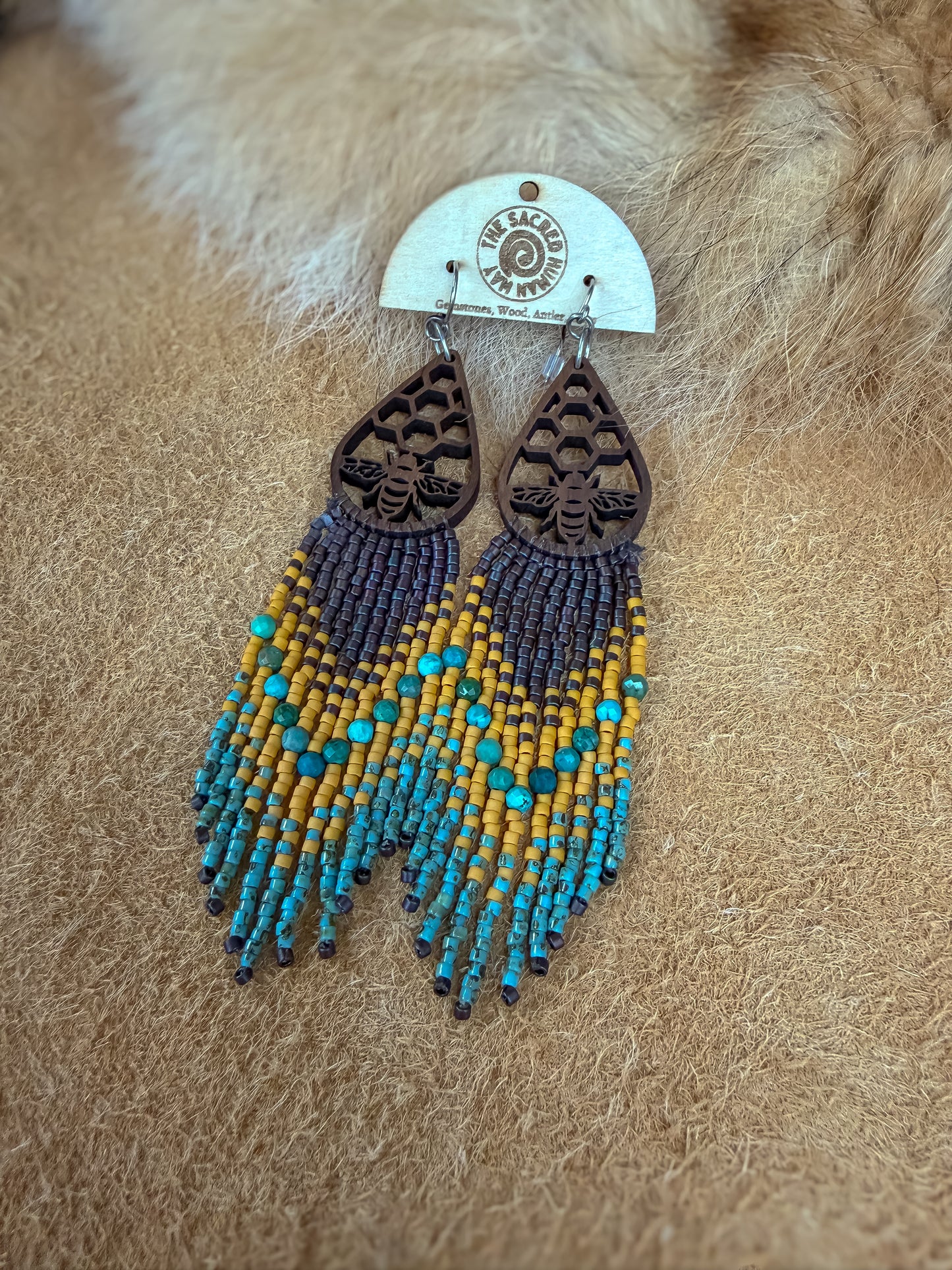 Honeycomb Fringe Earrings: Wood & Turquoise