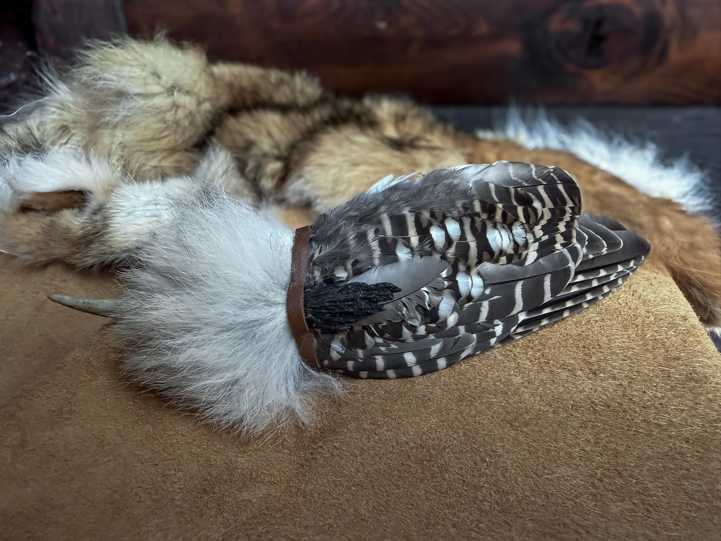 Grouse Wing Prayer Fan with Coyote