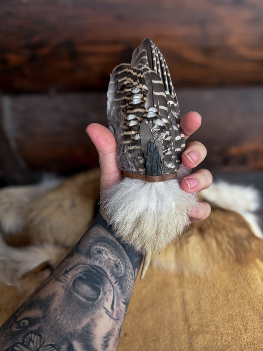 Grouse Wing Prayer Fan with Coyote