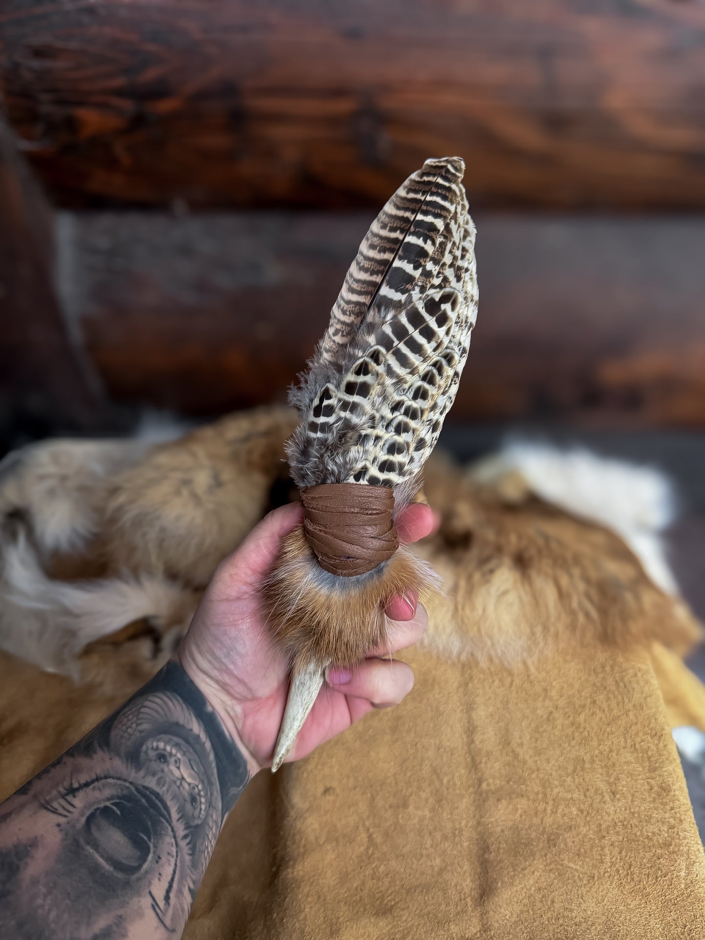 Pheasant Wing Prayer Fan with Fox