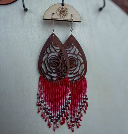 Feminine Rose Wood Fringe Earrings- CLEARANCE