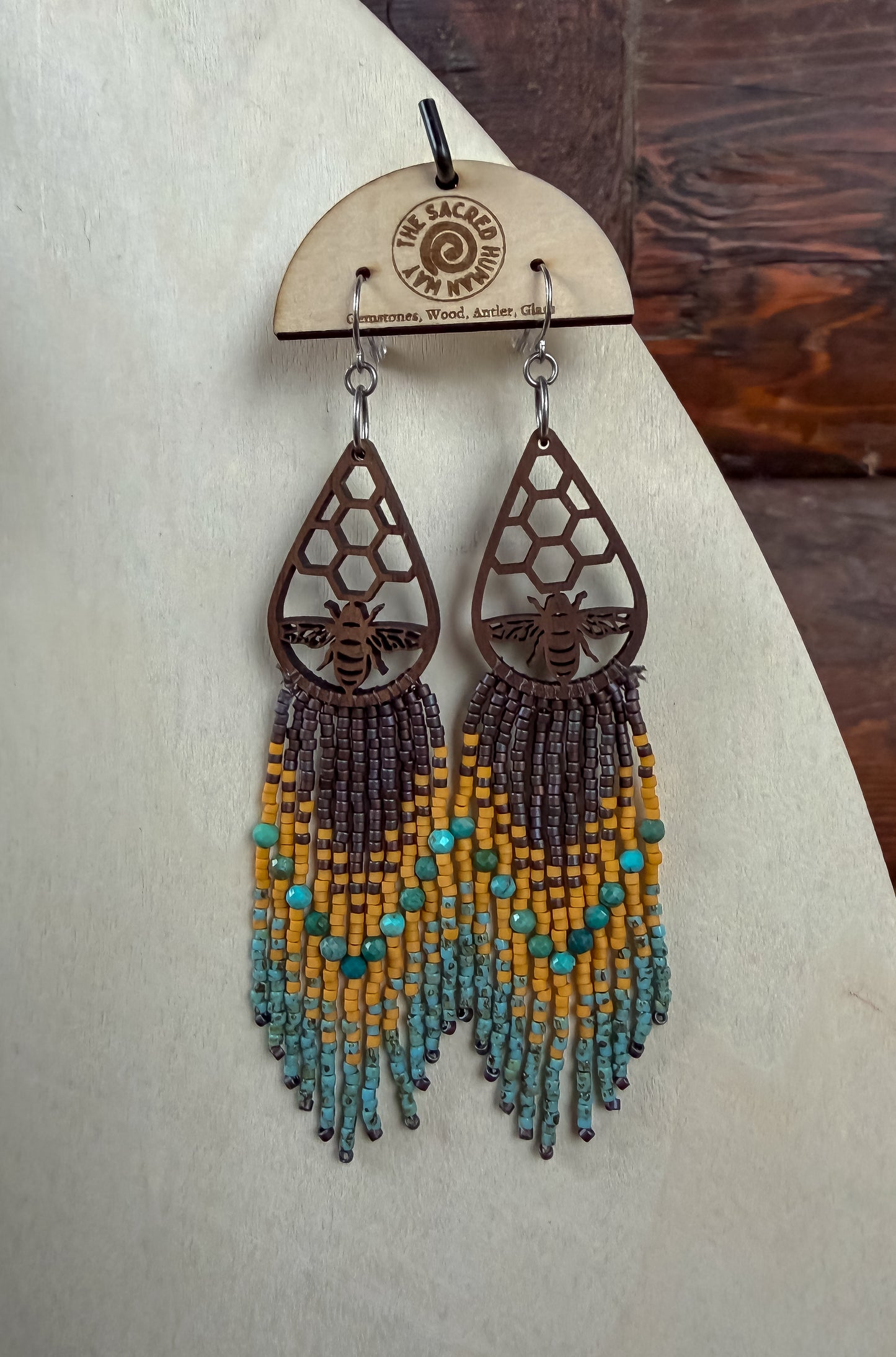 Honeycomb Fringe Earrings: Wood & Turquoise
