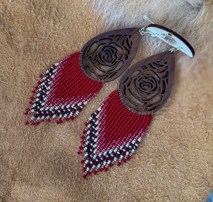 Feminine Rose Wood Fringe Earrings- CLEARANCE